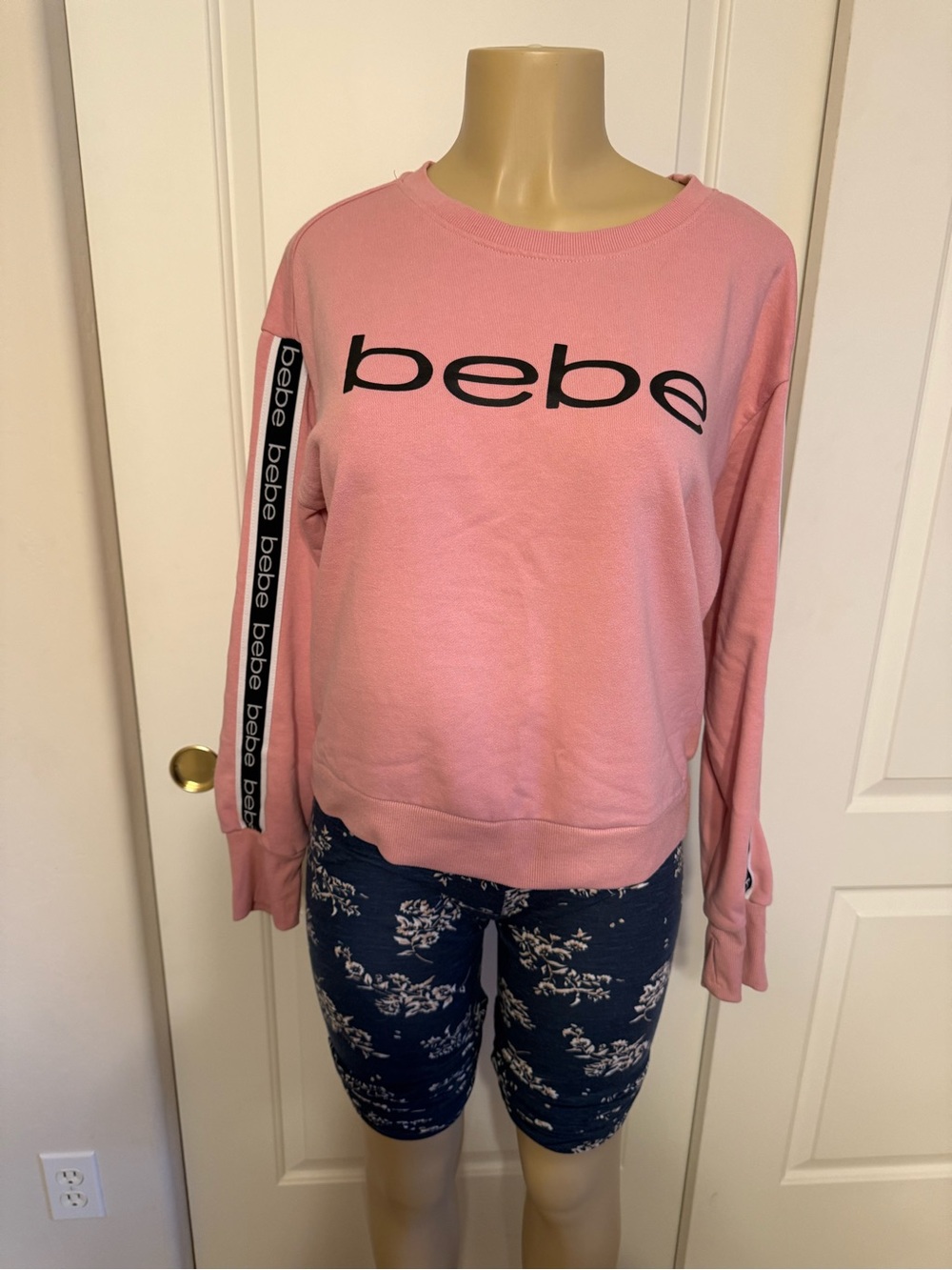 bebe Pink Logo Crew Sweatshirt with Branded Sleeve Tape